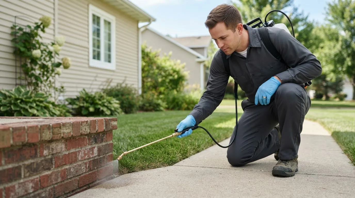 Pest control technician treating a home near Round Top, TX