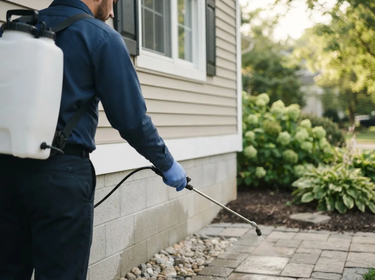 Pest control technician inspecting a home in Round Top, TX